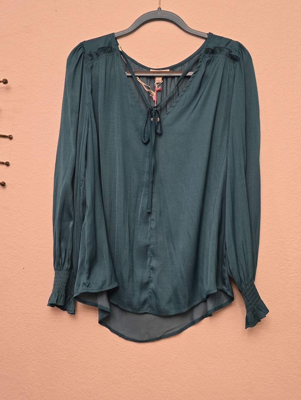 Umgee Teal Long-Sleeve Silky Tie-Front Peasant Blouse